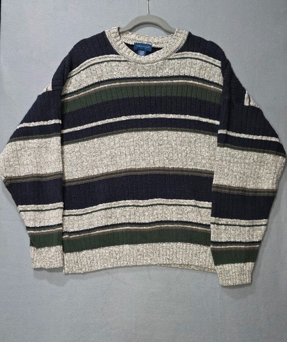 Vintage Grandmacore Towncraft XL Striped Sweater: Navy Beige Green 90% Cotton